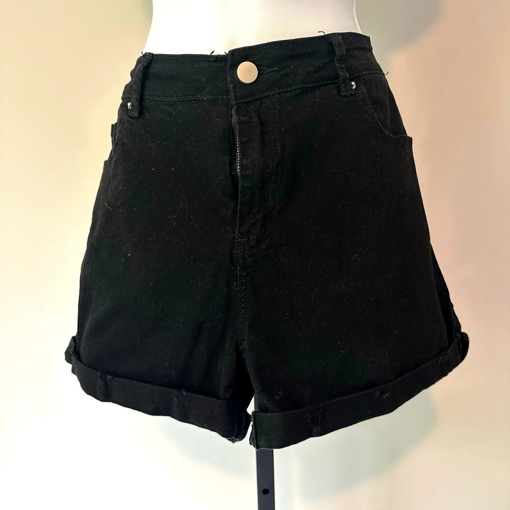 Black High-Waisted Rolled Hem Denim Shorts
